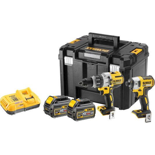 DEWALT DCK276T2T-GB Combi Drill and Impact Driver XR 18V Brushless Kit (2 x FLEXVOLT 6.0Ah Batteries) in T-STAK Box, 18 V, Yellow/Black