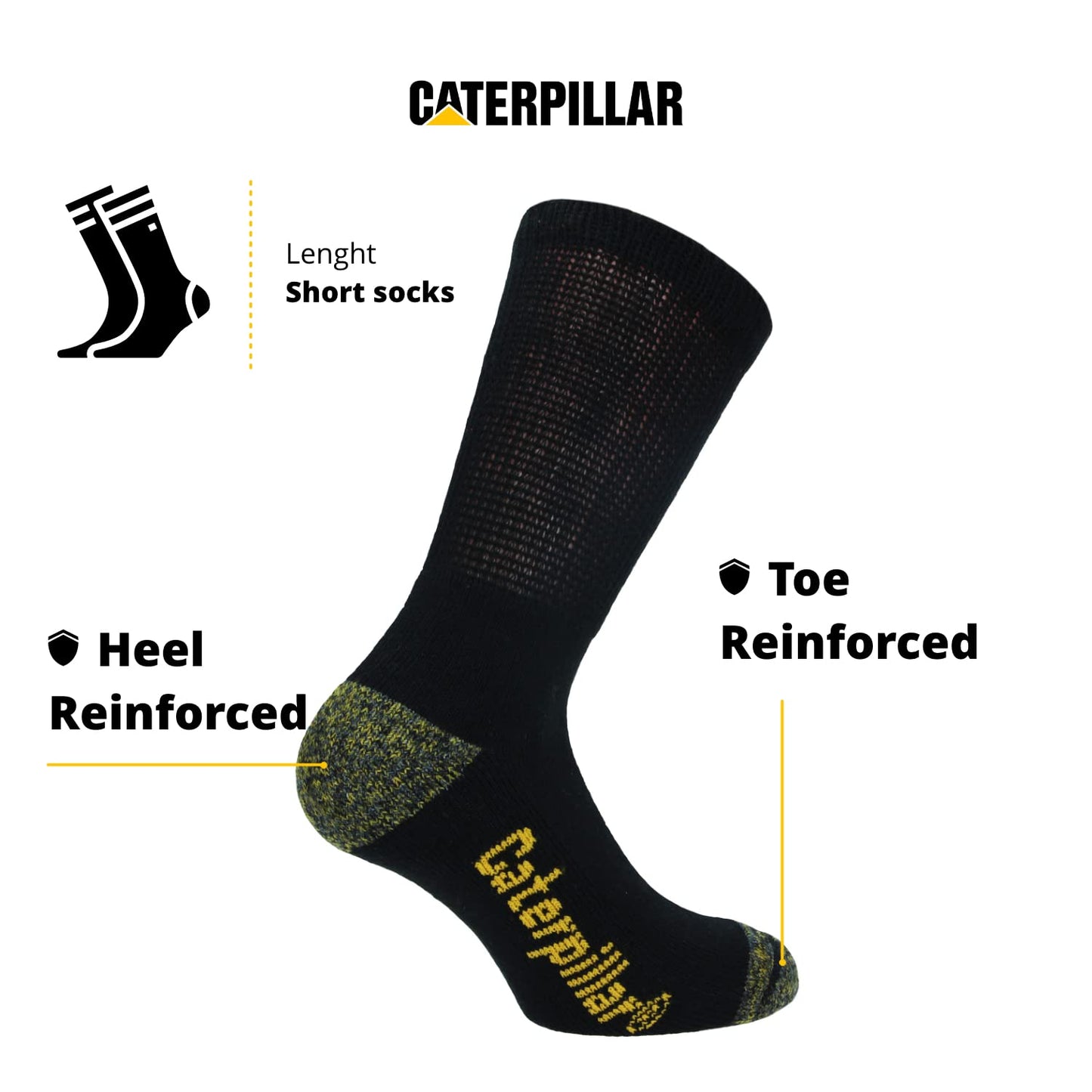 Caterpillar 6 Pairs Diabetic Work Socks, Better Circulation, Moisture Wicking, Non Binding, Reinforced Heel Toe, Cotton, Flat Toe