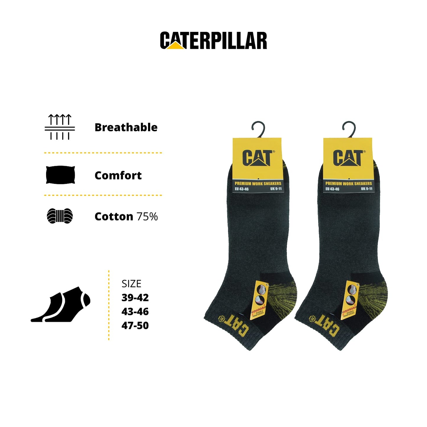 6 Pairs Caterpillar Sneaker Men's Work Socks Accident Prevention Double Reinforced Heel and Toe Terry Cotton