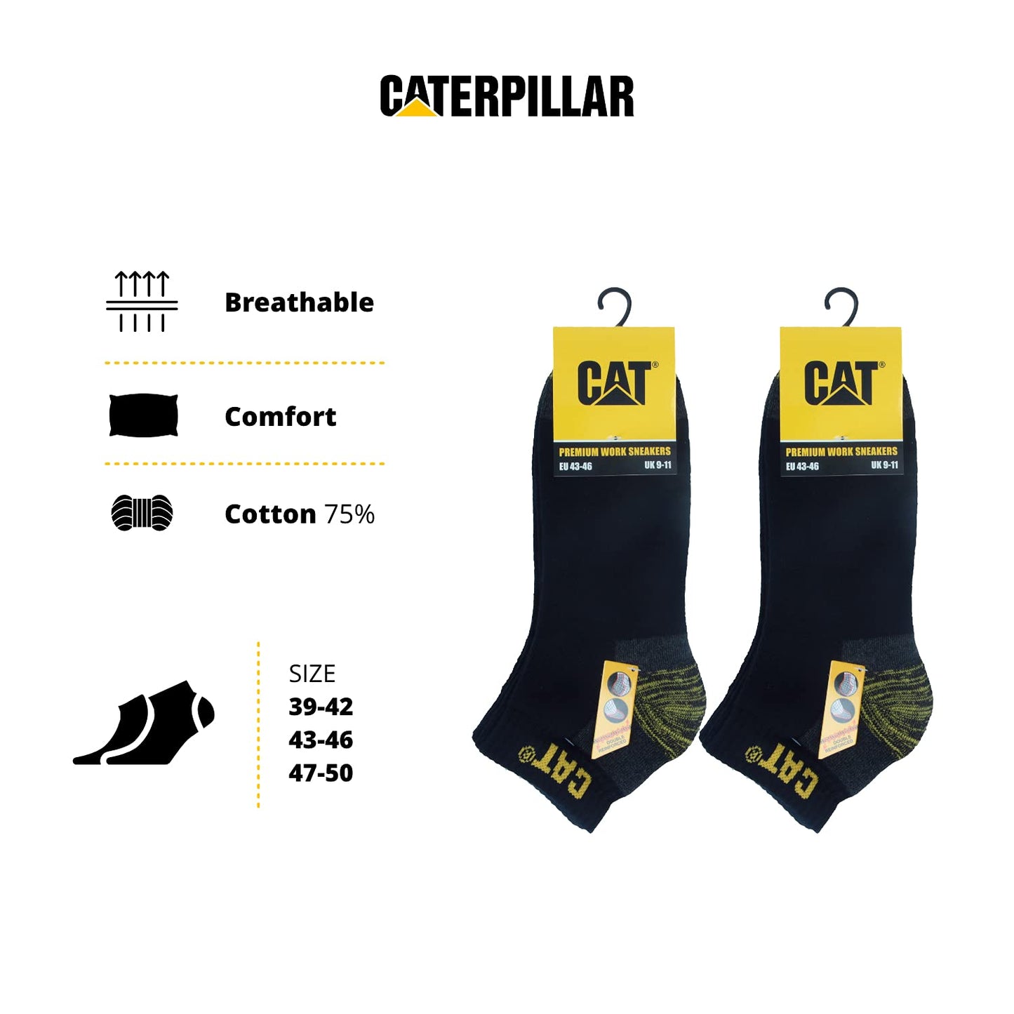 6 Pairs Caterpillar Sneaker Men's Work Socks Accident Prevention Double Reinforced Heel and Toe Terry Cotton