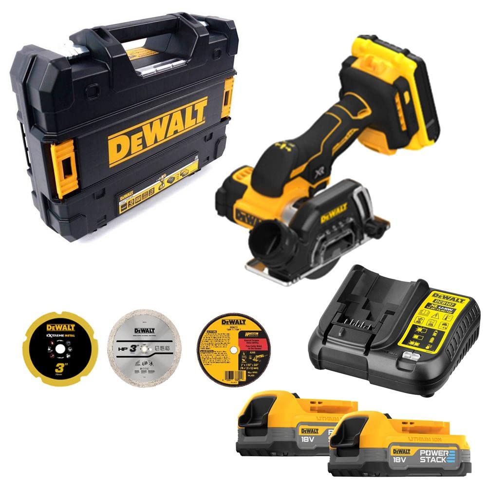 DeWALT DCS438E2T-GB 18V Brushless Cut Off Tool with 2 x 1.7Ah Powerstack Batterys Kitbox and Charger