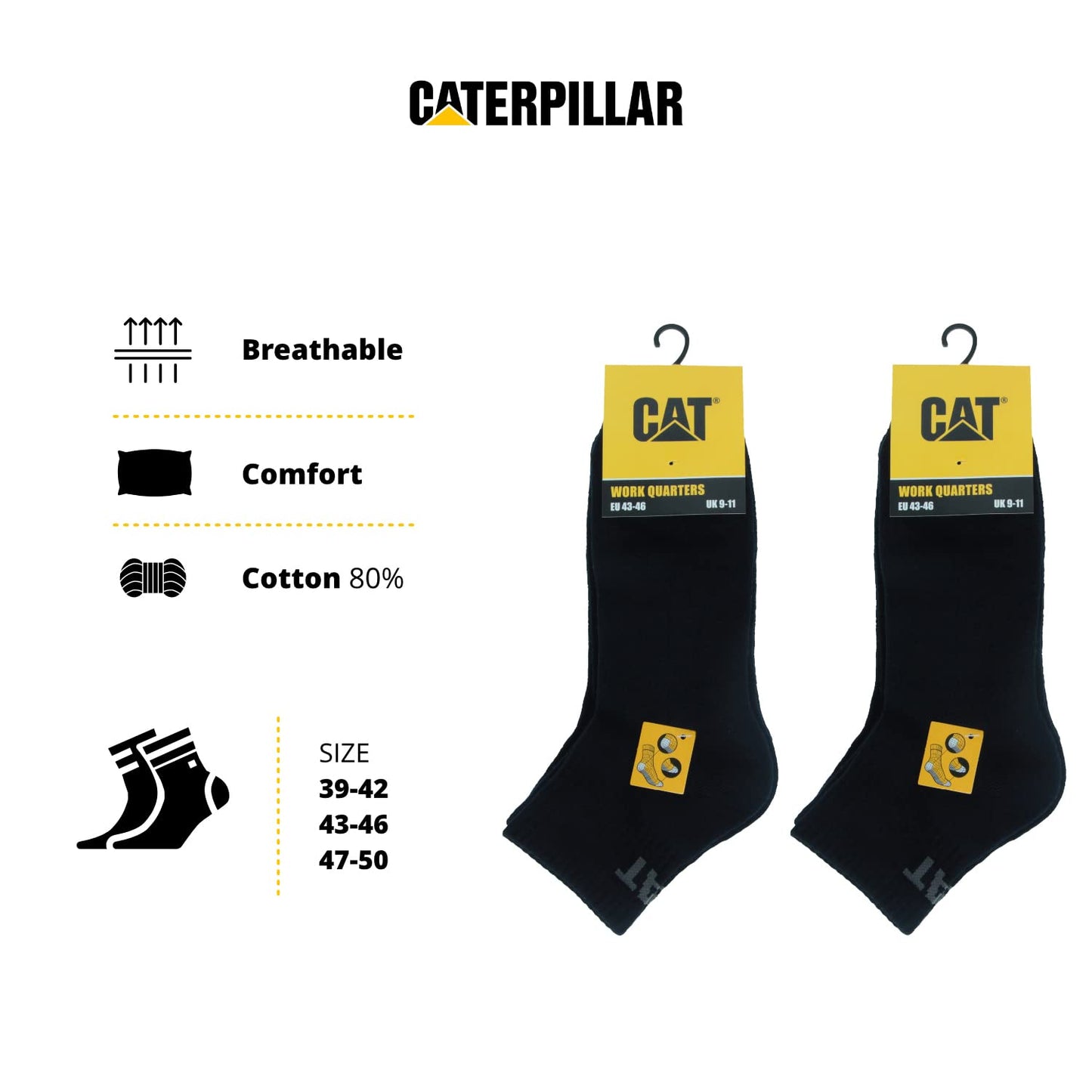 Caterpillar Quarter Socks 6 Pairs Men's Work Socks, Height Above the Ankle, Reinforced Toe and Heel, Cotton