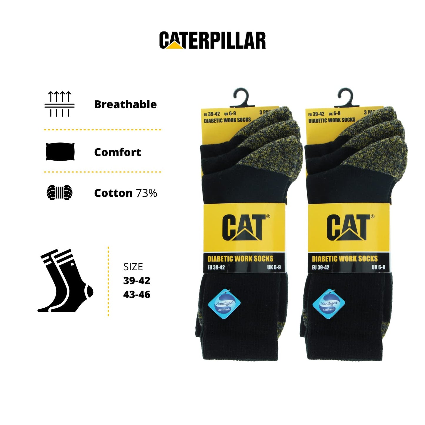 Caterpillar 6 Pairs Diabetic Work Socks, Better Circulation, Moisture Wicking, Non Binding, Reinforced Heel Toe, Cotton, Flat Toe