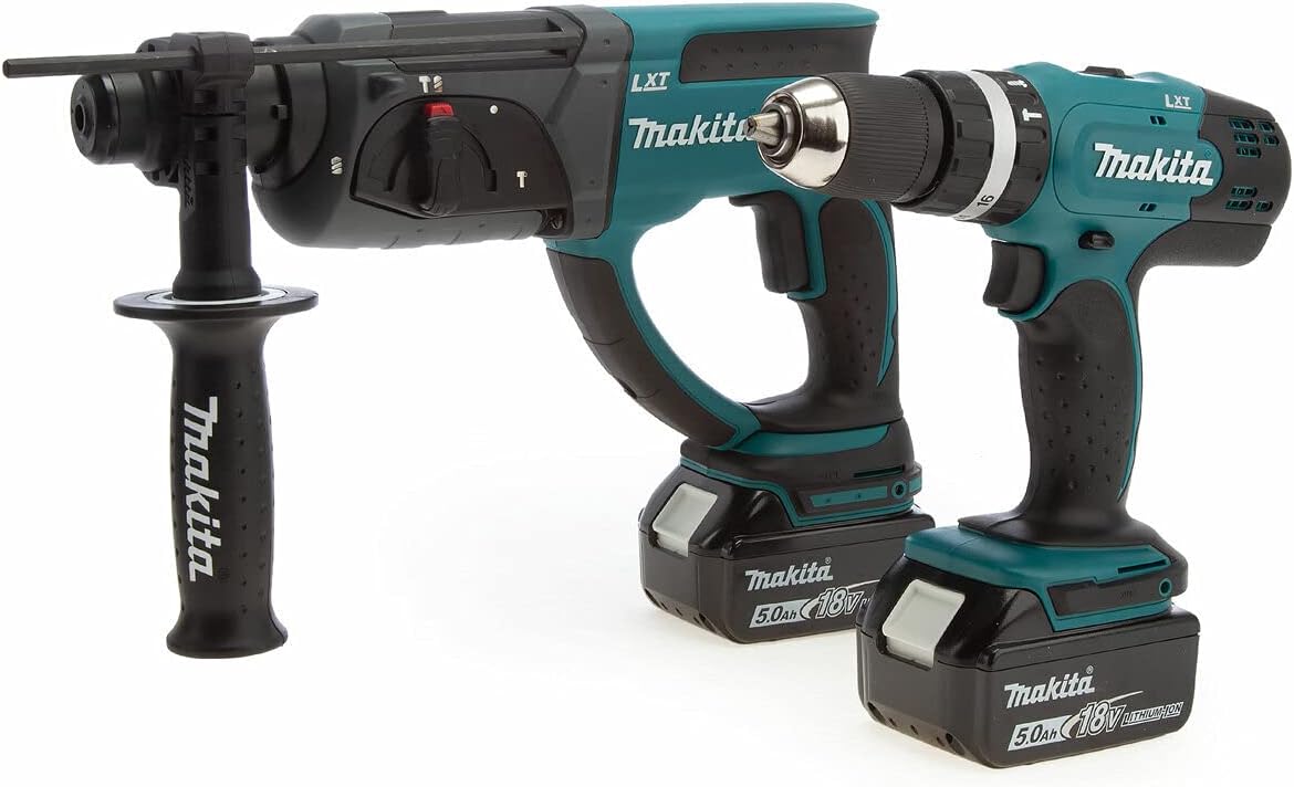 Makita DLX2025T 18V Li-ion LXT 2 Piece Kit comprising DHR202Z and DHP453Z Complete with 2 x 5.0 Ah Batteries and Charger Supplied in a LXT Heavy Duty Tool Bag Blue/Black