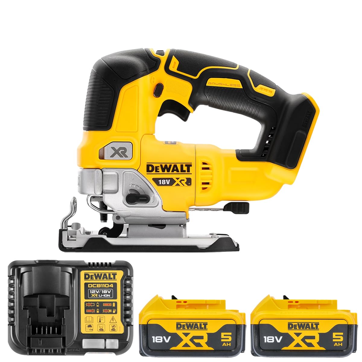 DeWalt DCS334N 18V Brushless Top Handle Jigsaw with 2 x 5.0Ah DCB184 Batteries & DCB115 Charger