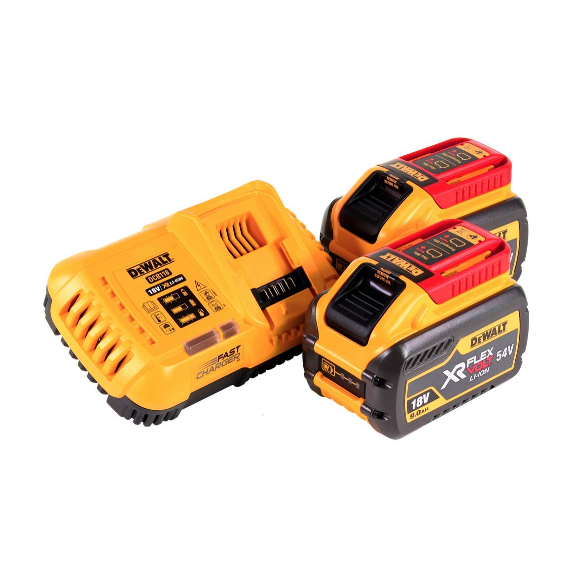 DEWALT 2 x DCB547 18v / 54v XR FLEXVOLT 9.0ah Battery + DCB118 Fast Charger, 18 V, Yellow