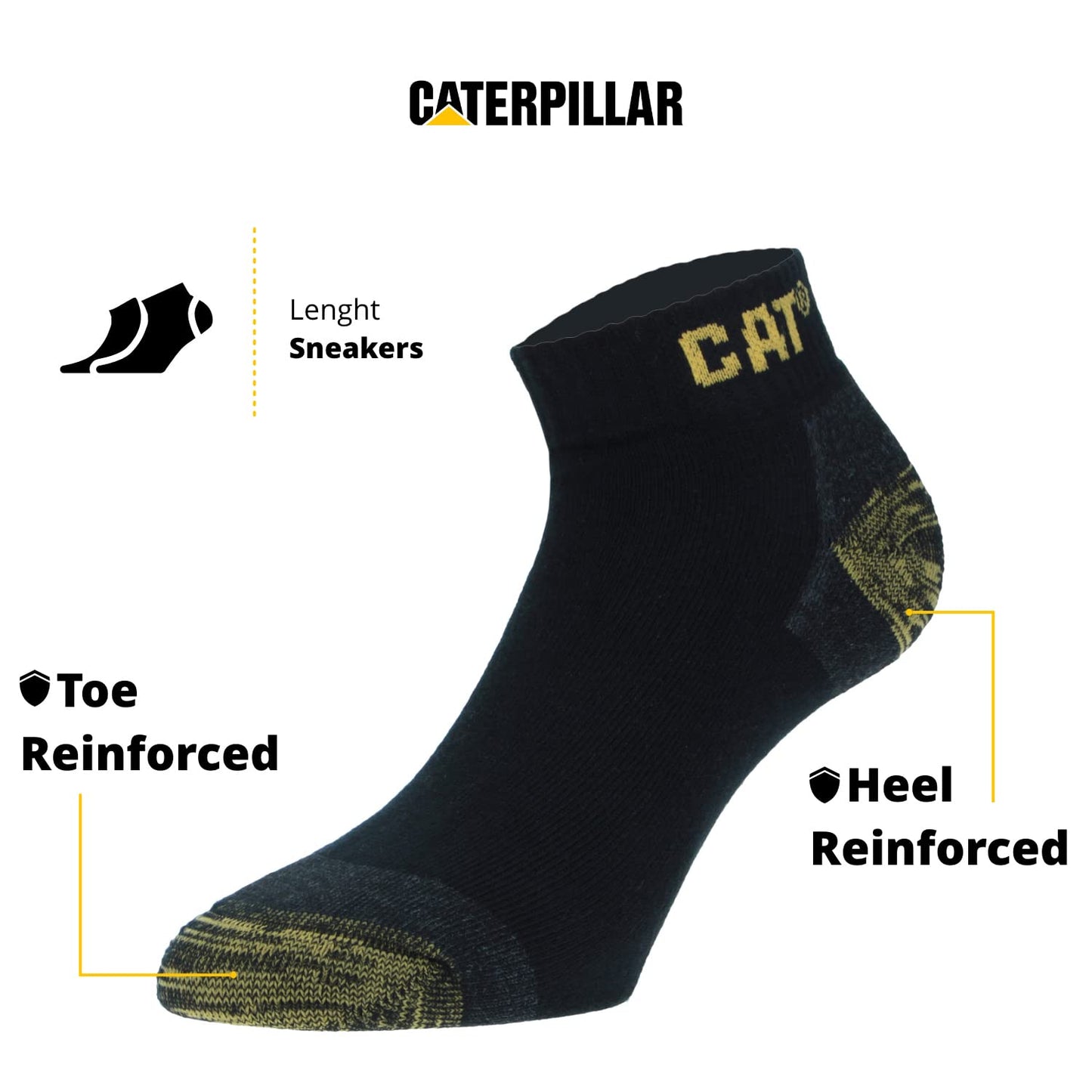 Caterpillar 6 Pairs Sneaker Men's Work Socks Accident Prevention Double Reinforced Heel and Toe Yarn of Excellent Quality Cotton Sponge (Black