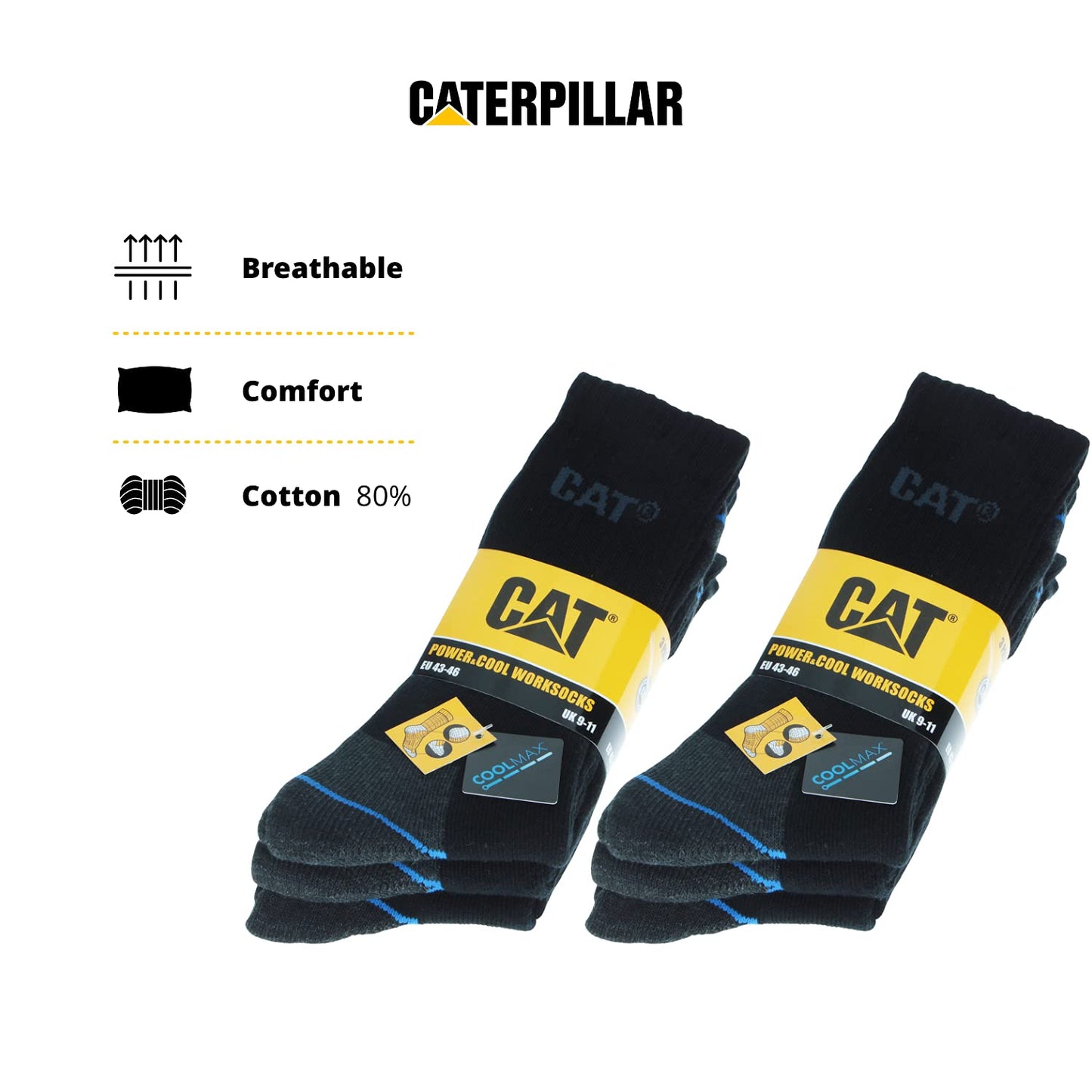 Caterpillar 6 Pair Work Socks for Men in Coolmax, double reinforcement on toe and heel, Terry Cotton and Lycra fiber