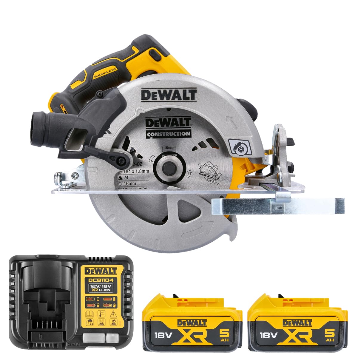 DeWalt DCS570N 18V 184mm Brushless Circular Saw with 2 x 5.0Ah Batteries & Charger