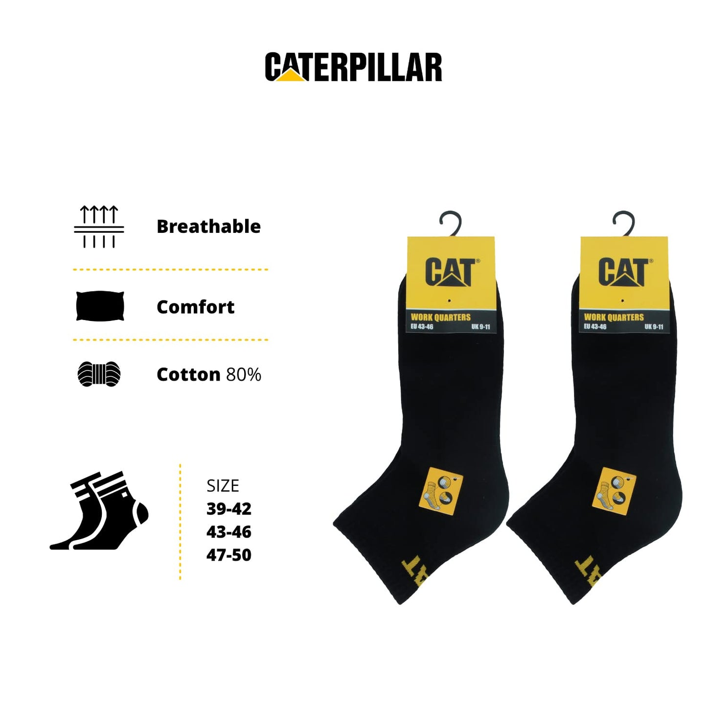 Caterpillar Quarter Socks 6 Pairs Men's Work Socks, Height Above the Ankle, Reinforced Toe and Heel, Cotton