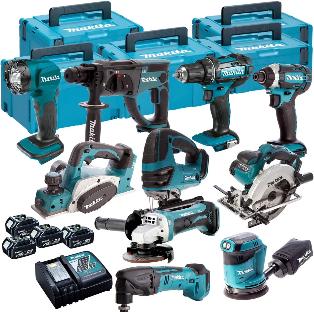 Makita 18V T4TKIT-84 LXT Cordless 10pcs Monster Kit with DHP482 + DTD152 + DJV180 + DSS611 + DKP180 + DHR202 + DGA452 + DBO180 + DTM50 + DML815 4 x 5.0AH BL1850 Batteries, DC18RC Charger & Case