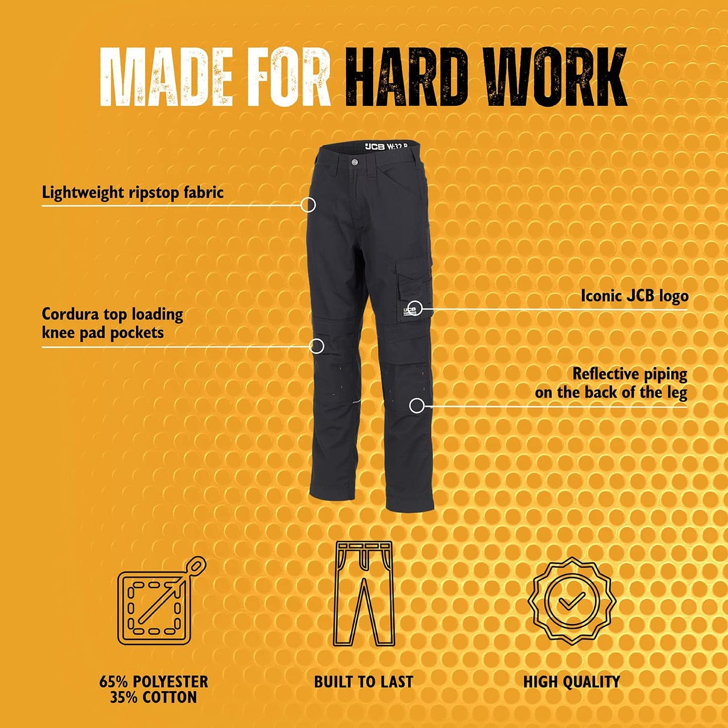 JCB - Trade Trousers for Men - Men's Workwear - Utility Pants - Reinforced Stitching - Cargo Trousers - Secure Pockets - Black - Regular Leg - 38W