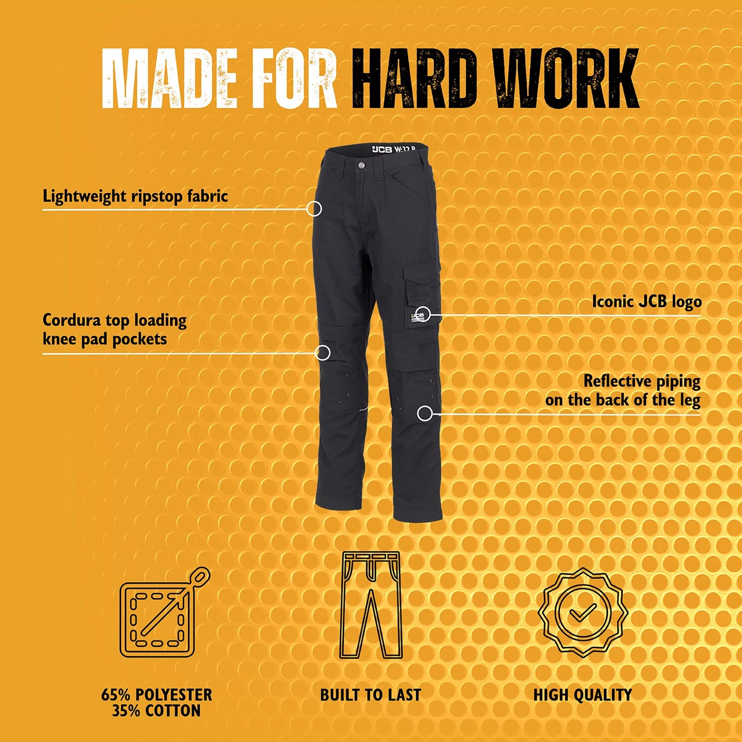 JCB - Trade Trousers for Men - Men's Workwear - Utility Pants - Reinforced Stitching - Cargo Trousers - Secure Pockets - Black - Regular Leg - 30W