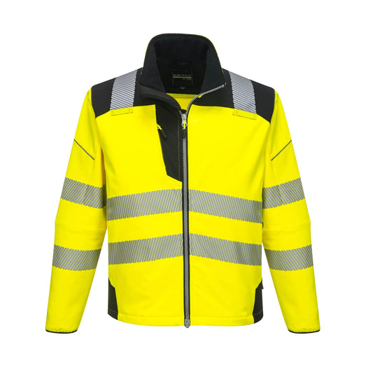 Portwest T402 Men's PW3 Hi Vis Safety Jacket - Windproof Water Resistant High Visibility Reflective Softshell Jacket Yellow/Black, XX-Large