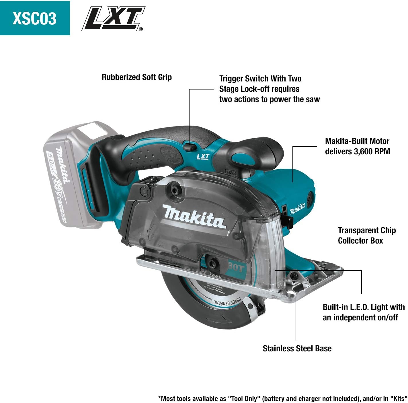 Makita XSC03Z 18V LXT Lithium-Ion Cordless 5-3/8" Metal Cutting Saw, with Electric Brake and Chip Collector, Tool Only