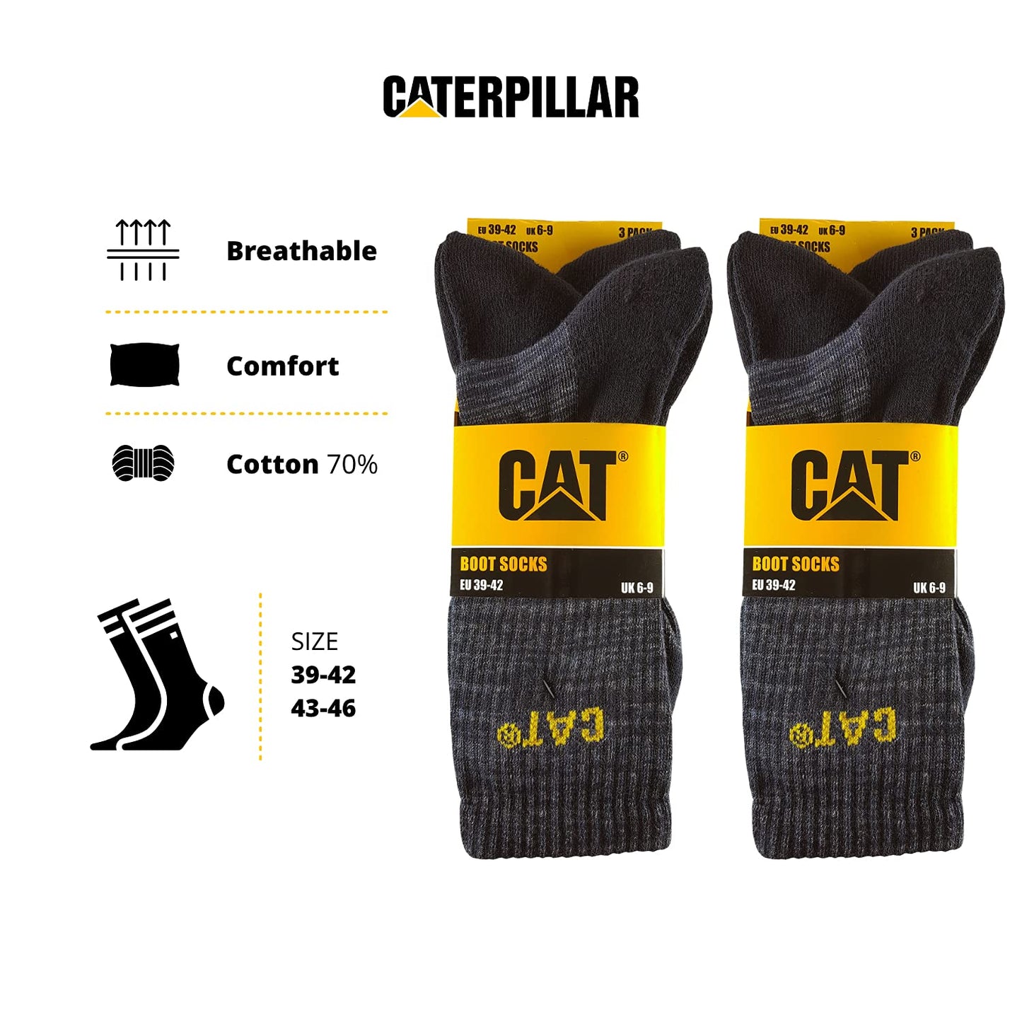 Caterpillar Boot Socks 6 Pairs of stretch cotton socks, reinforced toe and heel