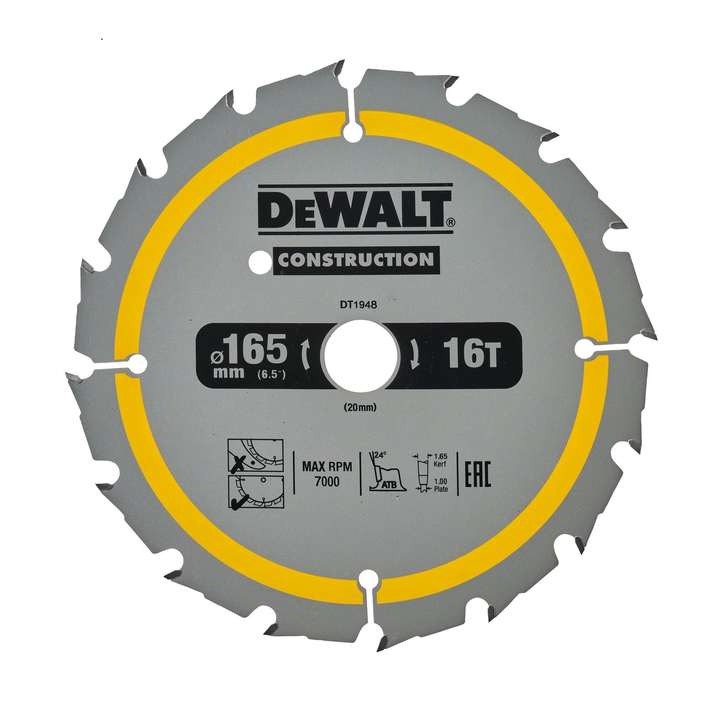 DeWalt DT1948-QZ Construction Circ Saw Blade, Yellow, 165 x 20 mm