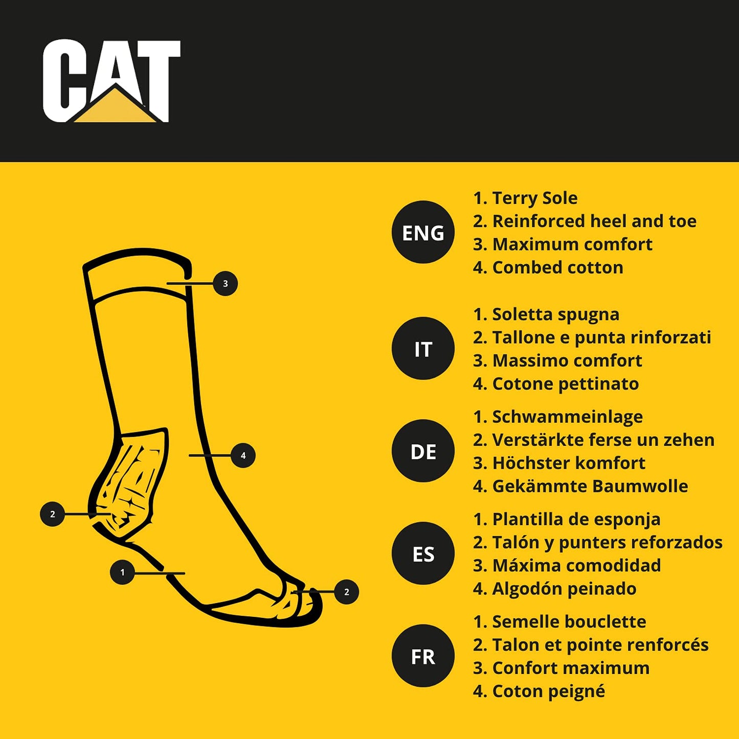 Caterpillar 6 Pairs Diabetic Work Socks, Better Circulation, Moisture Wicking, Non Binding, Reinforced Heel Toe, Cotton, Flat Toe