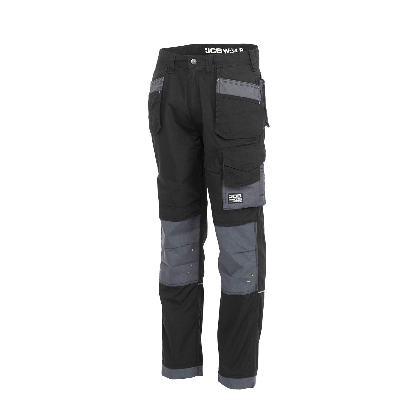 JCB - Mens Work Trousers - Cargo Trouser Men - Trade Plus Rip Stop Trousers for Men - Regular Leg - Black/Grey - Size 32