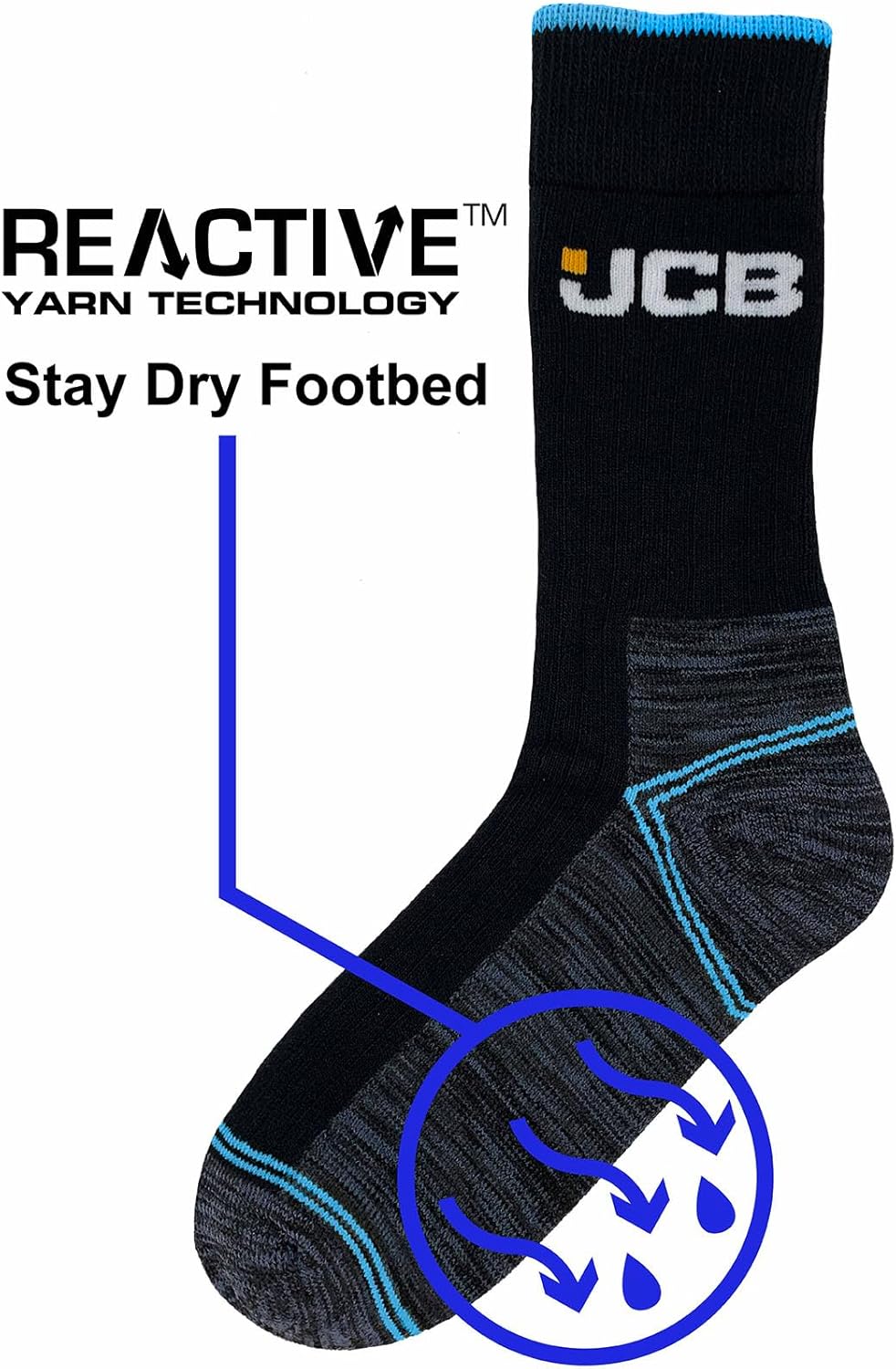 JCB - Mens Black High Vis Boot Socks | 3 Pairs | U.K. Size 6-11 | Technical Work boot Sock, Dry, Breathable, Durable & Moisture-wicking