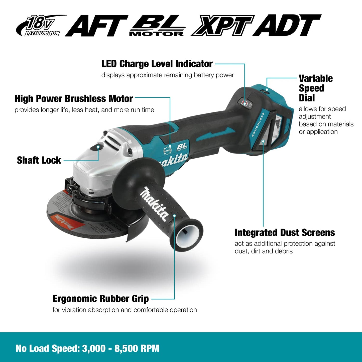 Makita DGA517Z 18V Li-Ion LXT Brushless 125mm Angle Grinder - Batteries and Charger Not Included & DTM51Z Multi-Tool, 18 V,Blue