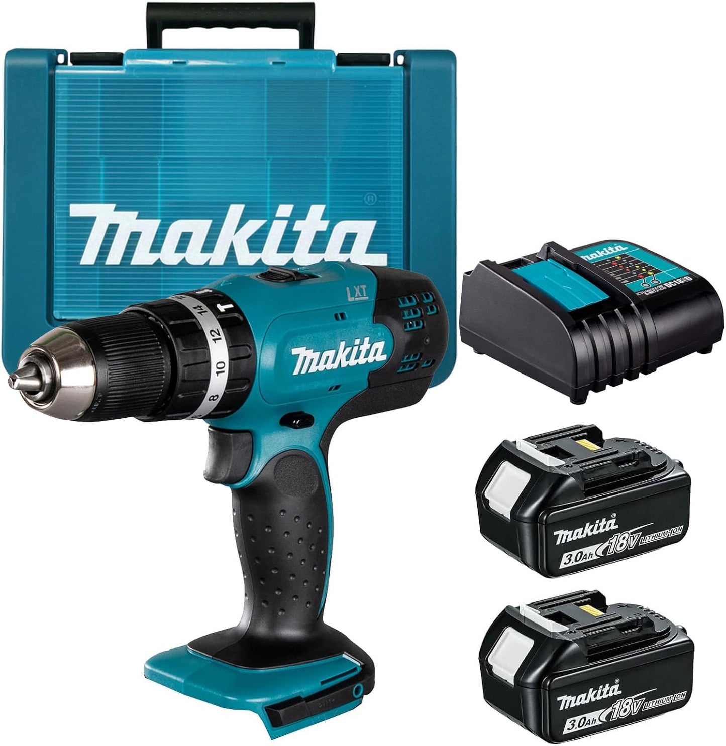 Makita 18 V Cordless Combi Drill, 2 x Batteries, Charger and Accessory Kit, 70 pc.