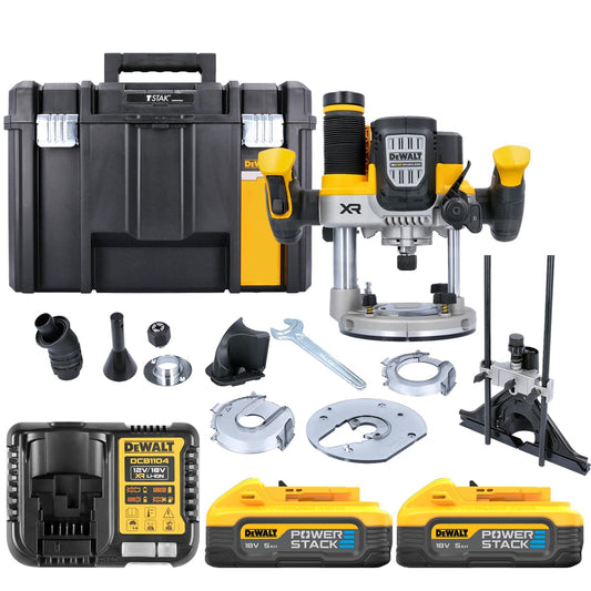 DeWalt DCW620H2 18V XR 12mm / 1/2" Cordless Brushless Plunge Router With 2 x 5.0Ah Powerstack Batteries, Charger & TSTAK Case