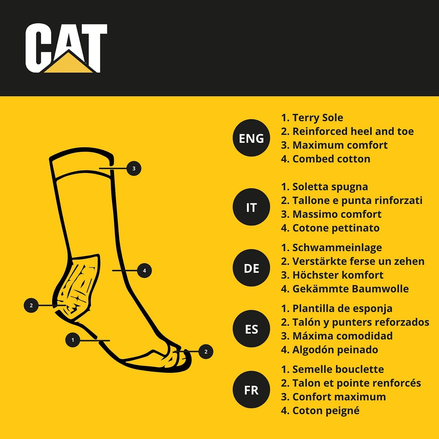 Caterpillar Boot Socks 6 Pairs of stretch cotton socks, reinforced toe and heel