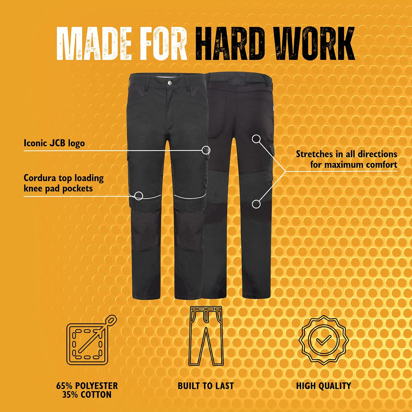 JCB - Trade Hybrid Stretch Trouser 32L Canvas and Work Trousers Men Fabric Branding Details Cordura Knee Pad Pockets Mens Clothes Heavyweight