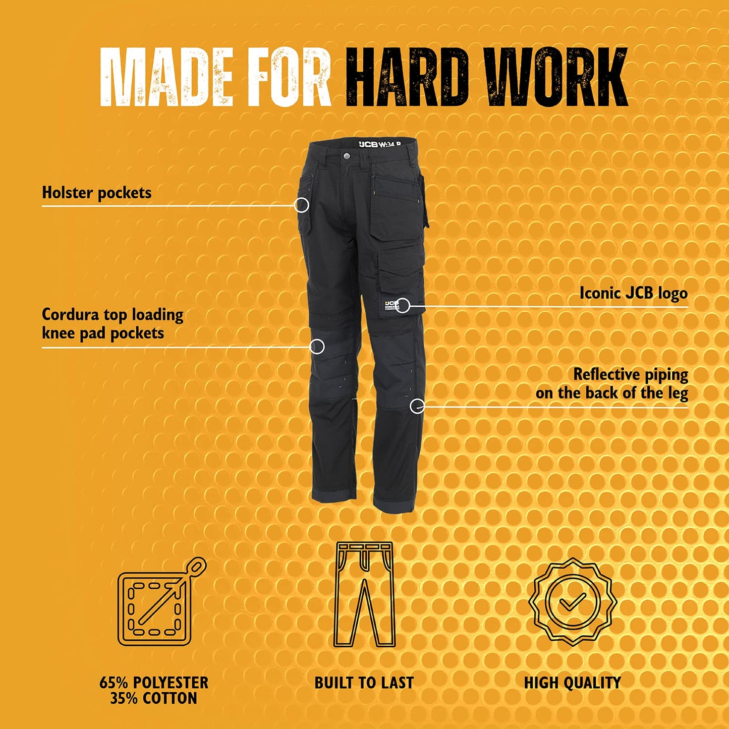 JCB - Trade Trousers for Men - Holster Pockets - Men's Workwear - Utility Pants - Reinforced Stitching - Cargo Trousers - Black - Regular Leg