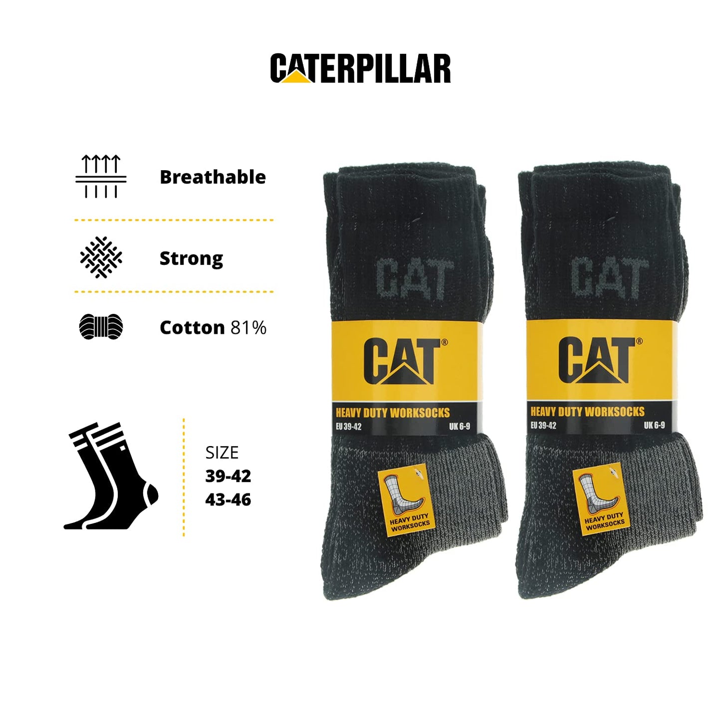 Caterpillar 6 Pairs of Heavy Duty Worksocks, excellent quality cotton with elastic Lycra fiber