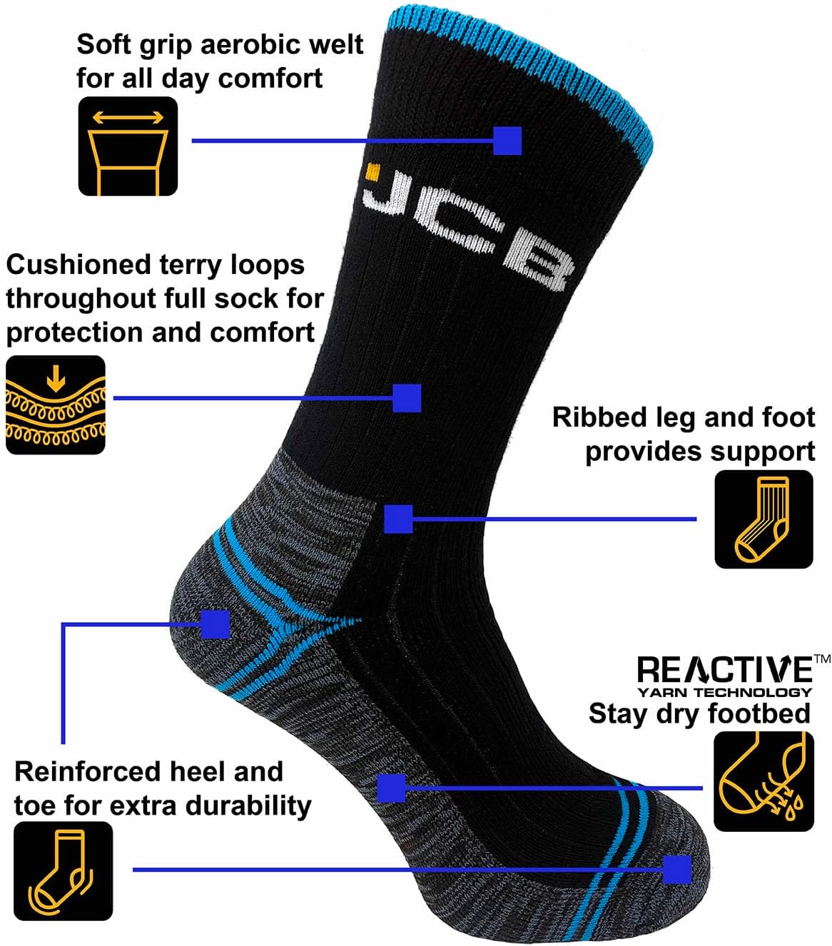 JCB - Mens Black High Vis Boot Socks | 3 Pairs | U.K. Size 6-11 | Technical Work boot Sock, Dry, Breathable, Durable & Moisture-wicking