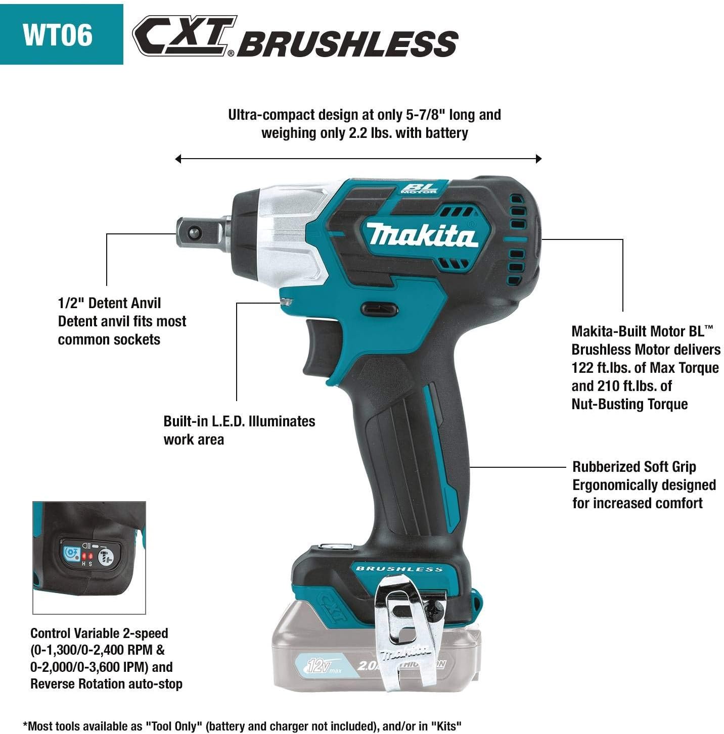 Makita WT06Z 12V max CXT Lithium-Ion Brushless Cordless 1/2" Sq. Drive Impact Wrench, Tool Only