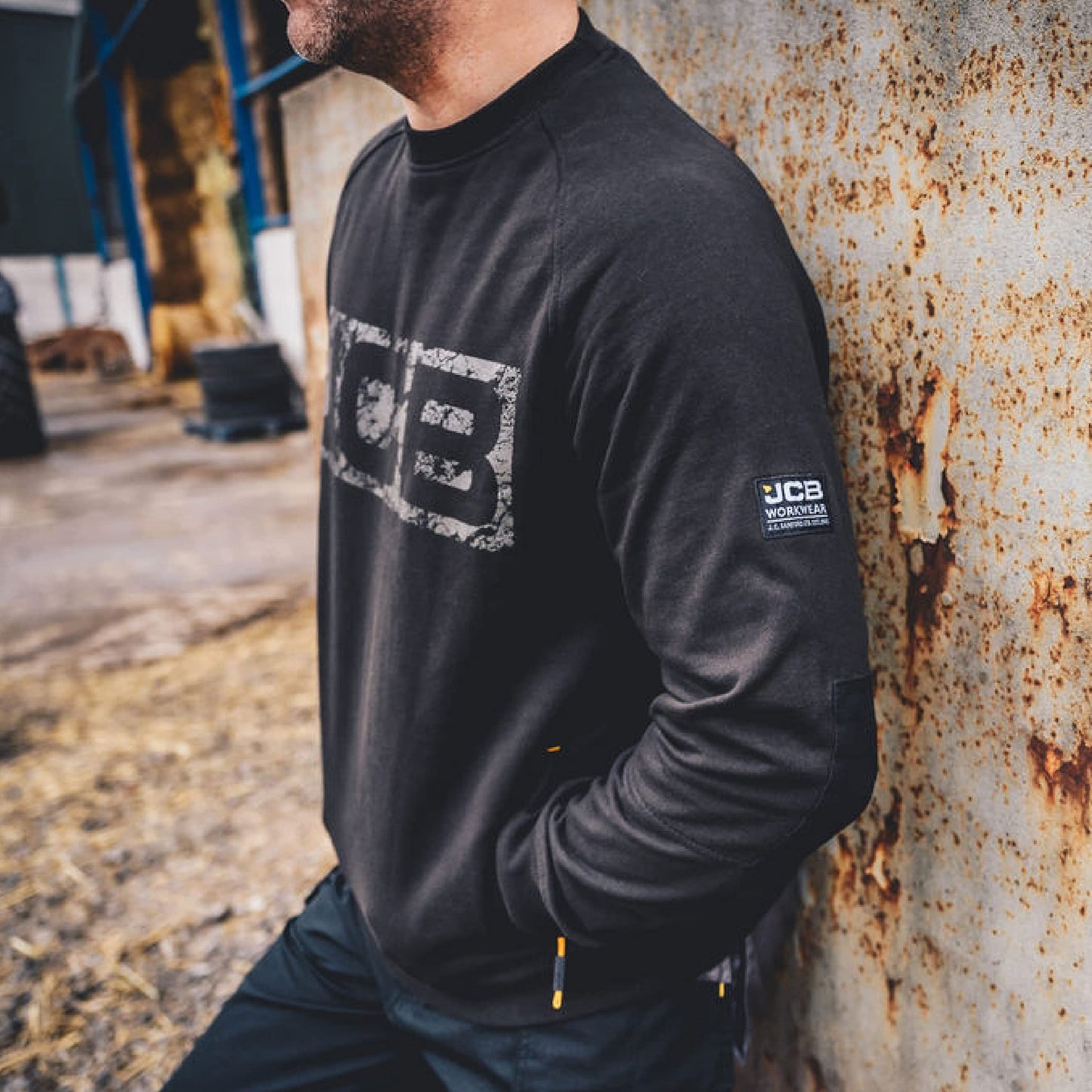 JCB - Trade Crew Sweatshirt Made with 80% Cotton & 20% Polyester Men's Jumpers Branding Details Cordura Fabric Elbow Patches Mens Clothes 320gsm