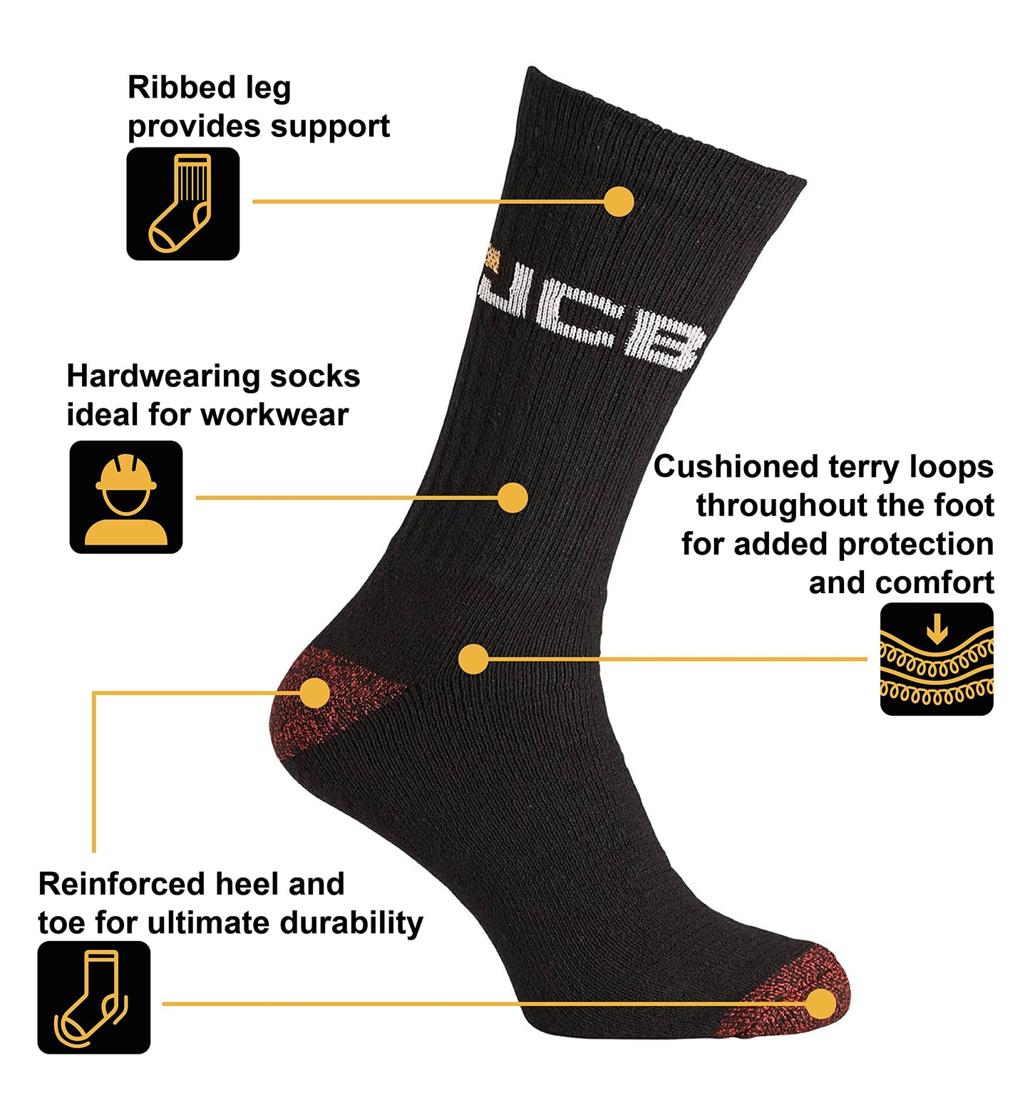 JCB - Men's Black work wear boot Socks | 4 Pairs | U.K. Size 6-11 | Boot Socks, Reinforced Socks, Terry Cushioning