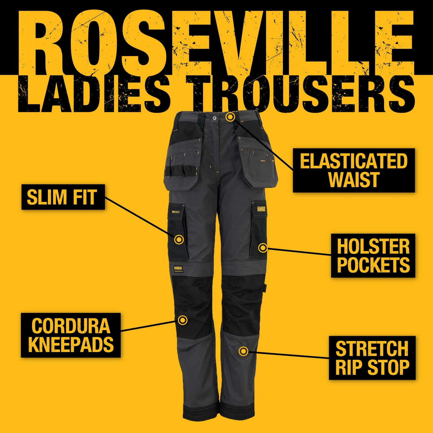 DEWALT Roseville Women's Slim Fit Work Trouser, Pro-Stretch Fabric, Holster and Cargo Pockets, Grey/Black, W12/L31