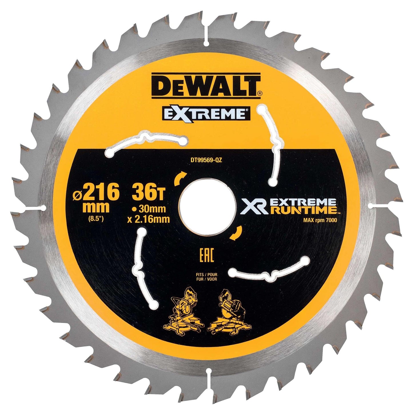 DEWALT DT99568 216 mm x 30 mm x 24T XR Extreme Runtime Mitre Saw Blade - Yellow/Black/Silver