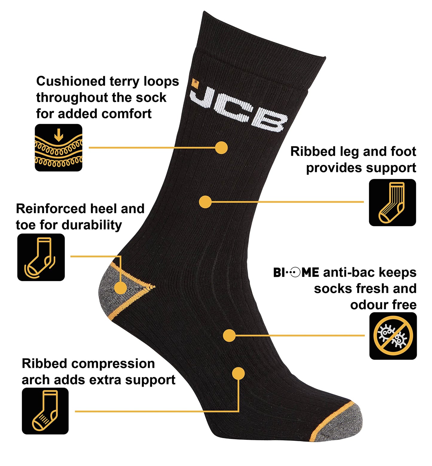 JCB Socks - Outdoor Activity Socks Men's - Boot socks - Men's Work Socks - 3 Pack - UK 6-8.5