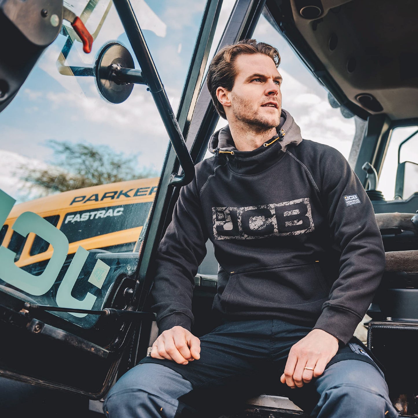 JCB - Horton Hoodie, Large - Made with 80% Cotton & 20% Polyester - Hoodies for Men Branding Details - Mens Clothes - Cordura Fabric Elbow Patches - 320gsm - Navy/Black