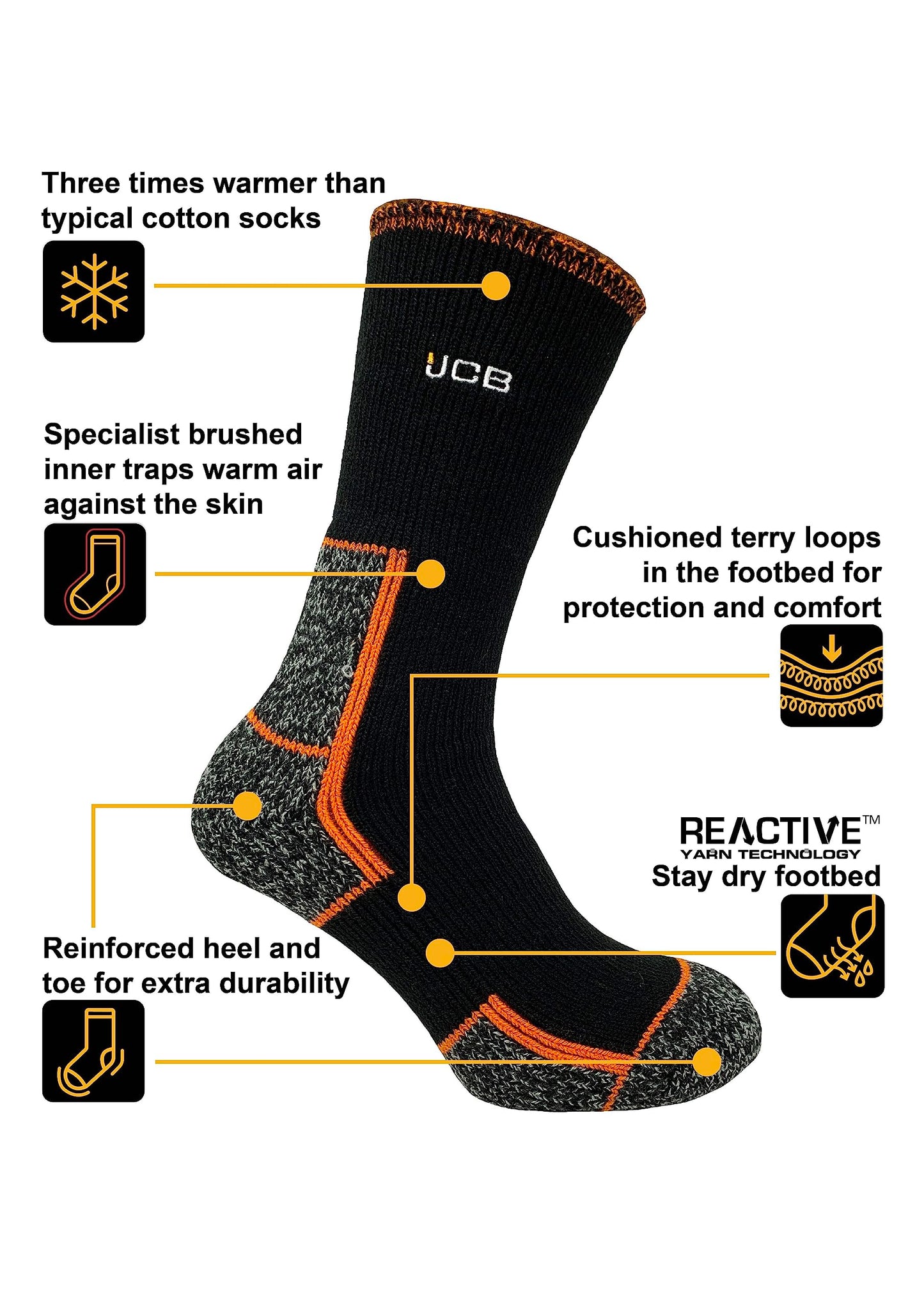 JCB - Mens Thermasock Work Sock - Midweight - Thermal Winter Warm Sock, Heat Holding Socks, Black, 1 pack, UK 6-11, EUR 39-46