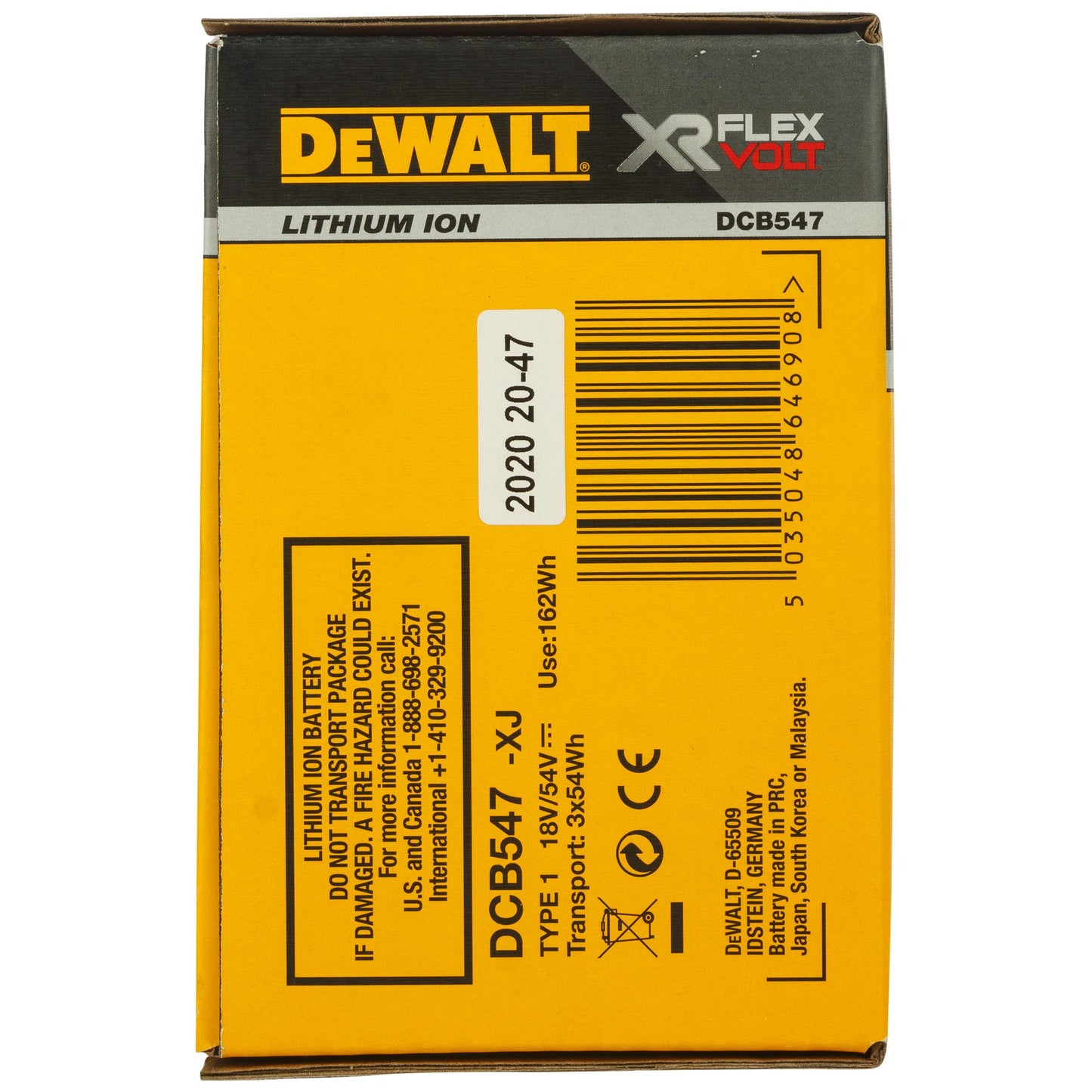 Dewalt DCB547-XJ XR Flex Volt Battery, 18 V, Yellow/Black, 9 A