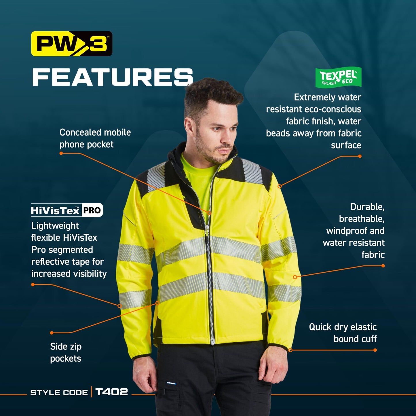 Portwest T402 Men's PW3 Hi Vis Safety Jacket - Windproof Water Resistant High Visibility Reflective Softshell Jacket Yellow/Black, XX-Large