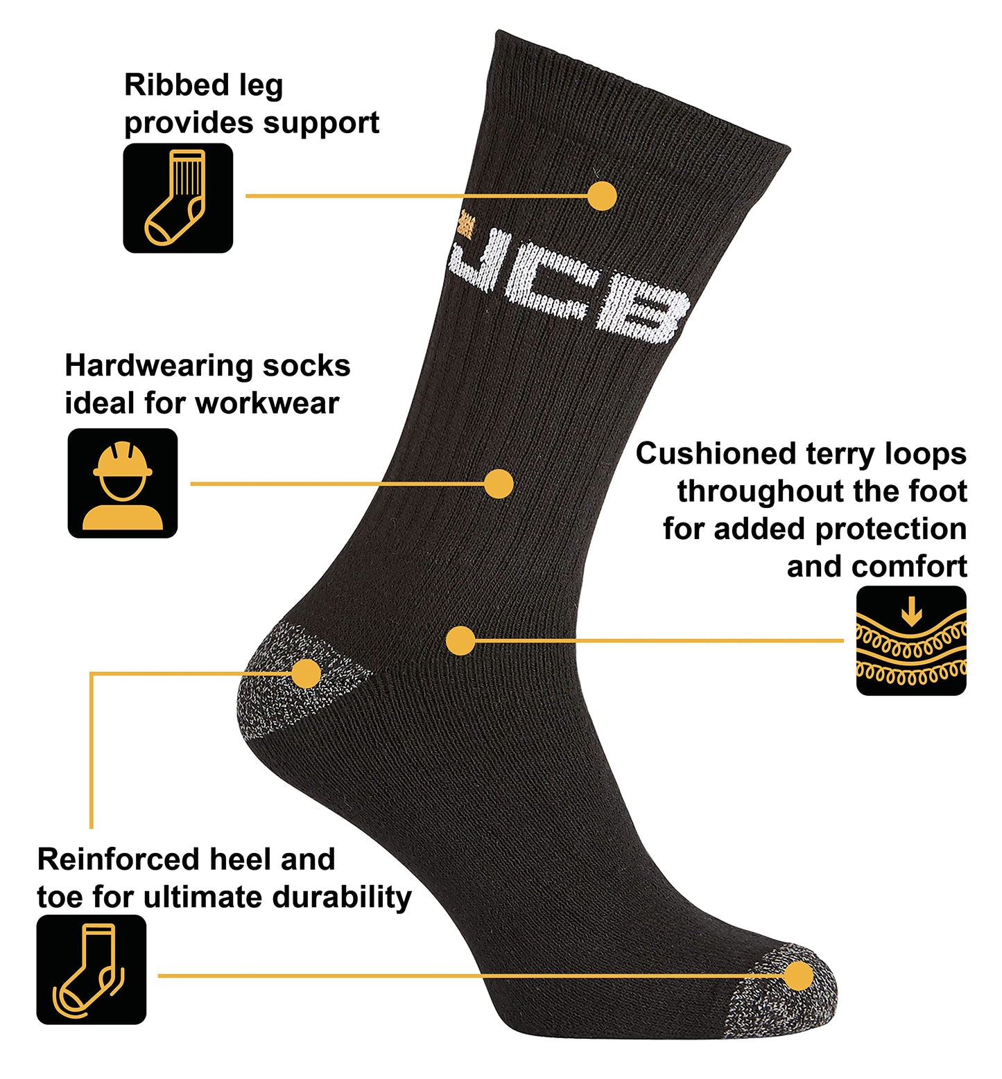 JCB - Men's Black work wear boot Socks | 4 Pairs | U.K. Size 6-11 | Boot Socks, Reinforced Socks, Terry Cushioning