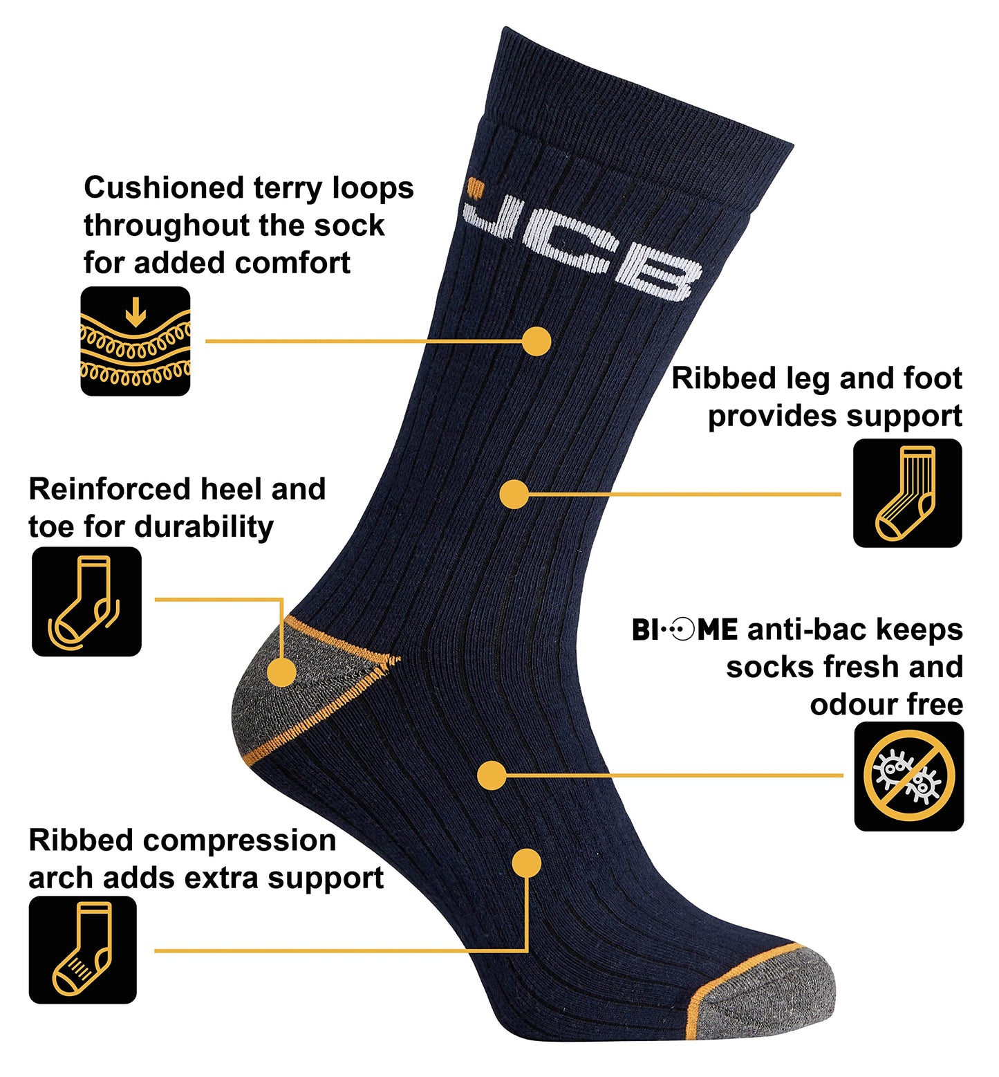 JCB Socks - Outdoor Activity Socks Men's - Boot socks - Men's Work Socks - 3 Pack - UK 6-8.5