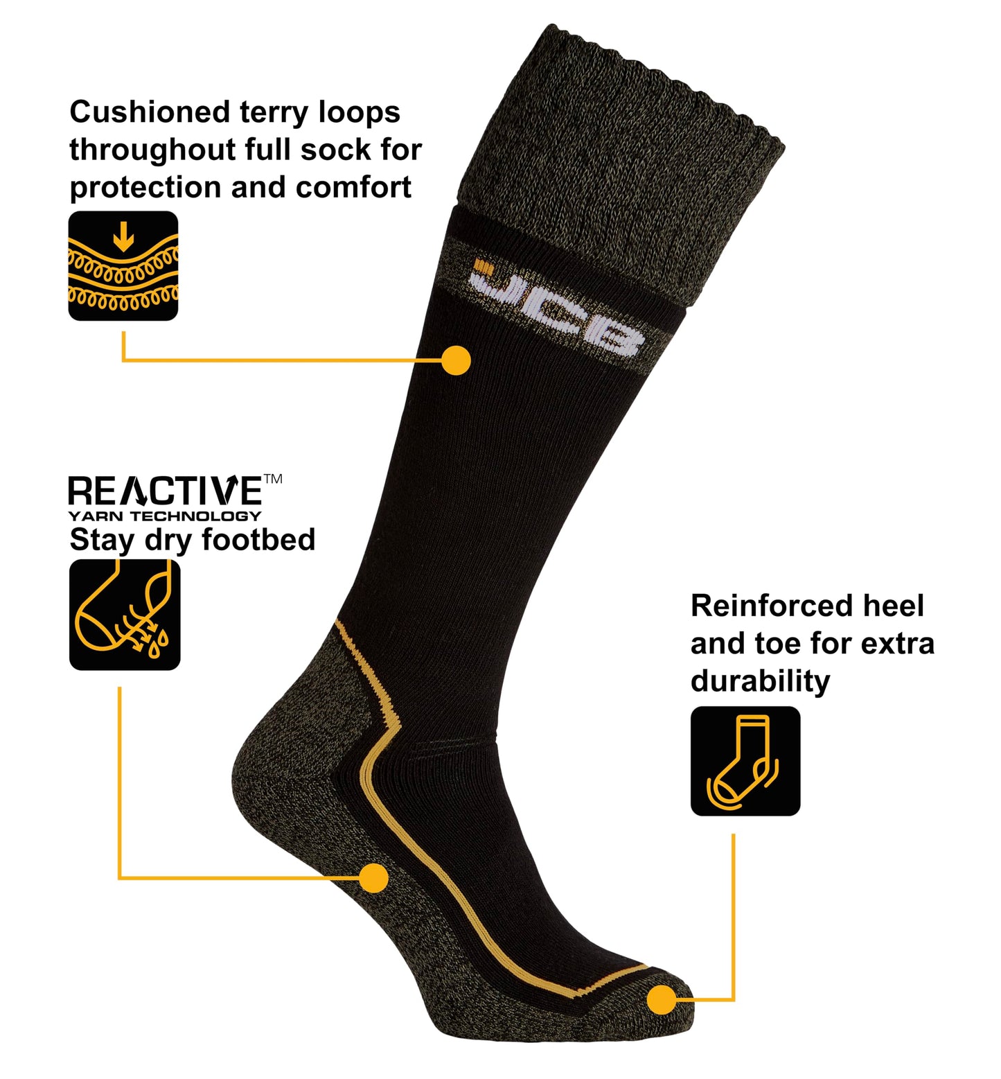 JCB - Men's Black Technical Welly Socks | 1 Pair | Men's Welly Boot Socks Reinforced Heels and Toes