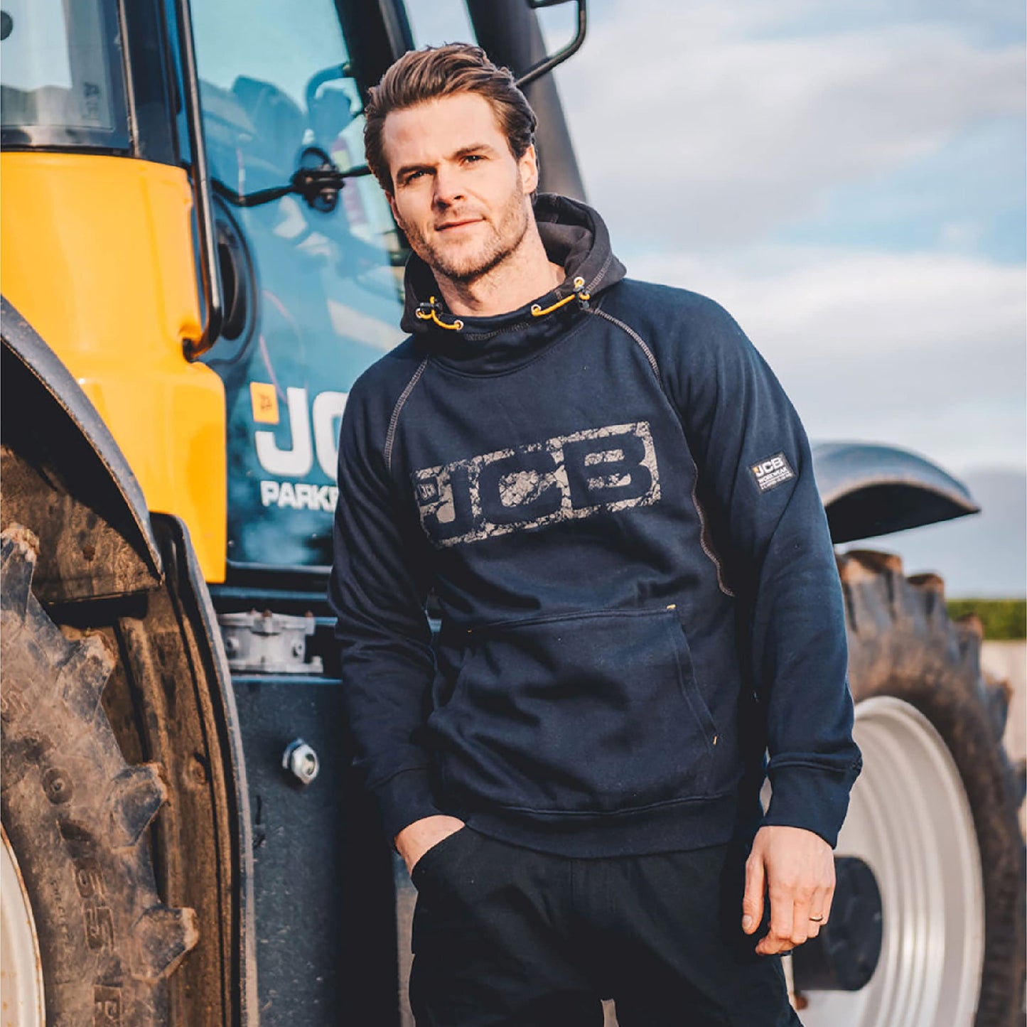 JCB - Horton Hoodie, Large - Made with 80% Cotton & 20% Polyester - Hoodies for Men Branding Details - Mens Clothes - Cordura Fabric Elbow Patches - 320gsm - Navy/Black