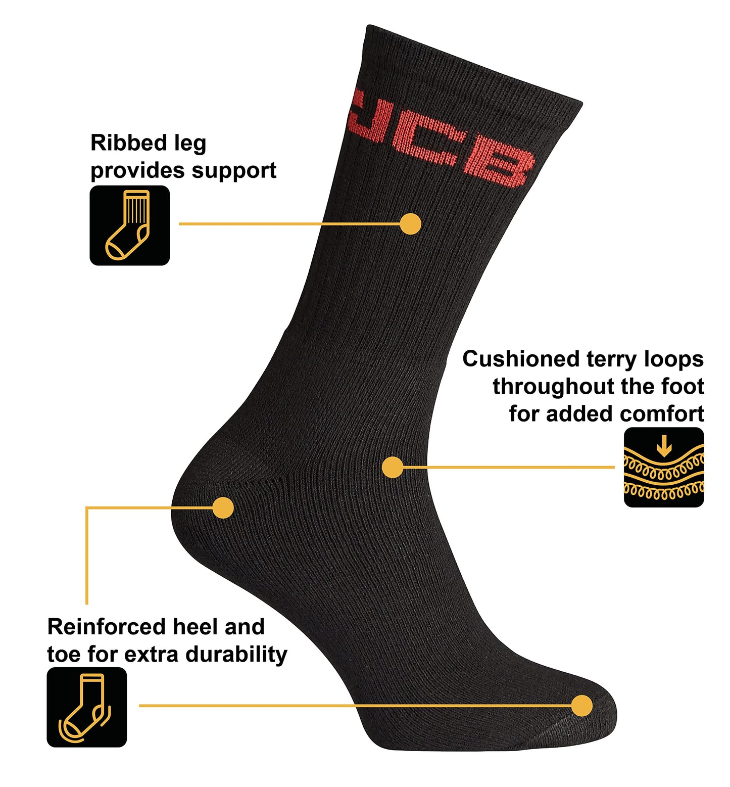 JCB - Men's Black Crew Socks | U.K. Size 6-11 | Work Socks