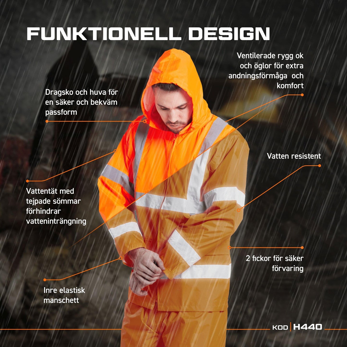 Portwest H440 Men's Waterproof Hi Vis Rain Jacket - Reflective Lightweight Safety Workwear with Pockets and Hood Orange, 4X-Large