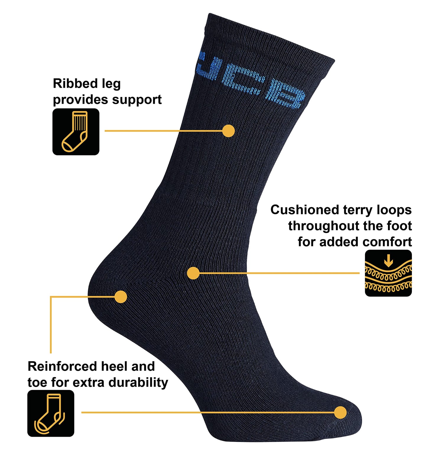 JCB - Men's Black Crew Socks | U.K. Size 6-11 | Work Socks