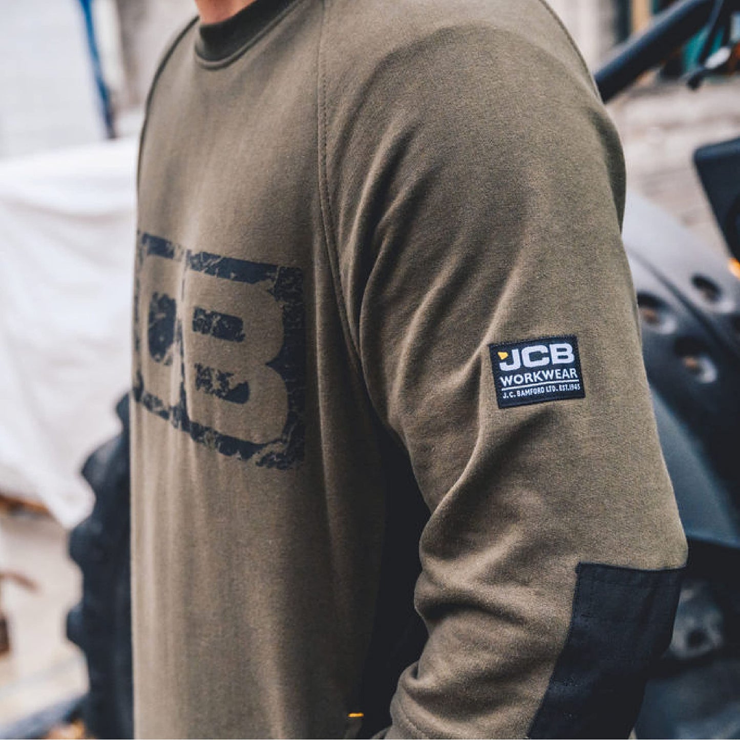 JCB - Trade Crew Sweatshirt Made with 80% Cotton & 20% Polyester Men's Jumpers Branding Details Cordura Fabric Elbow Patches Mens Clothes 320gsm